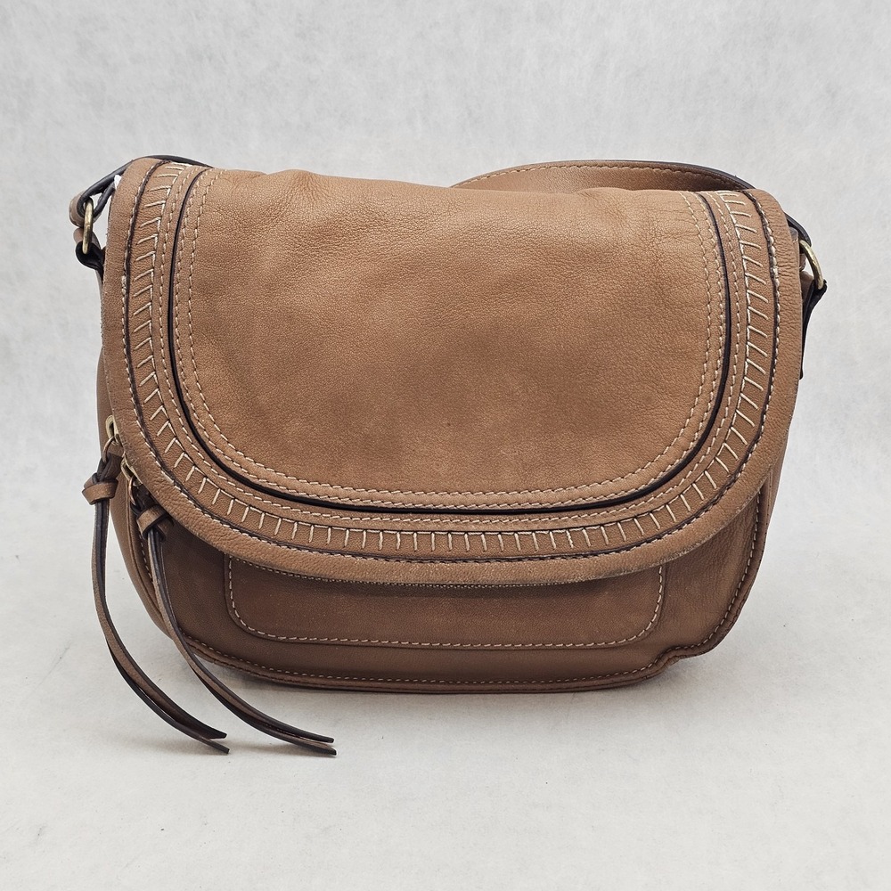 Lucky Brand Kiah Brown Leather Crossbody Saddle Bag Whipstitch Flap Purse Boho